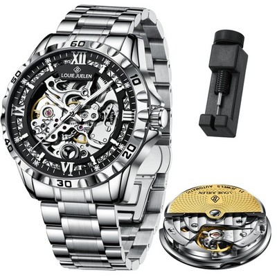 LOUIE JUELEN Mens Skeleton Mechanical Watch Automatic Self-Winding Movement S...