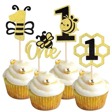24 PCS Bee One Cupcake Toppers Black and Gold Glitter Honeycomb Number 1 Bee ...