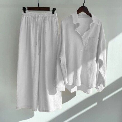 Damen 2-teiliges Baumwolle Leinen Sommer Bluse T-Shirt lose Hose Loungewear Outfit Set - Bild 9 von 40