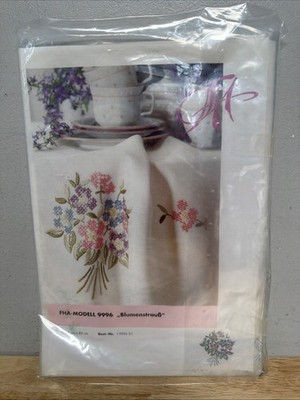 Oval Tablecloth Crossstitch Flowers Stamped Germany Herrschners  60 x90  - NEW