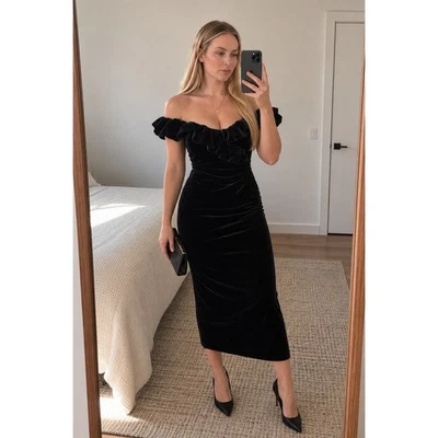 XSCAPE Velvet Off Shoulder Midi Dress Black Ruffle Ruched Cocktail Vamp Glam - image 1 of 4