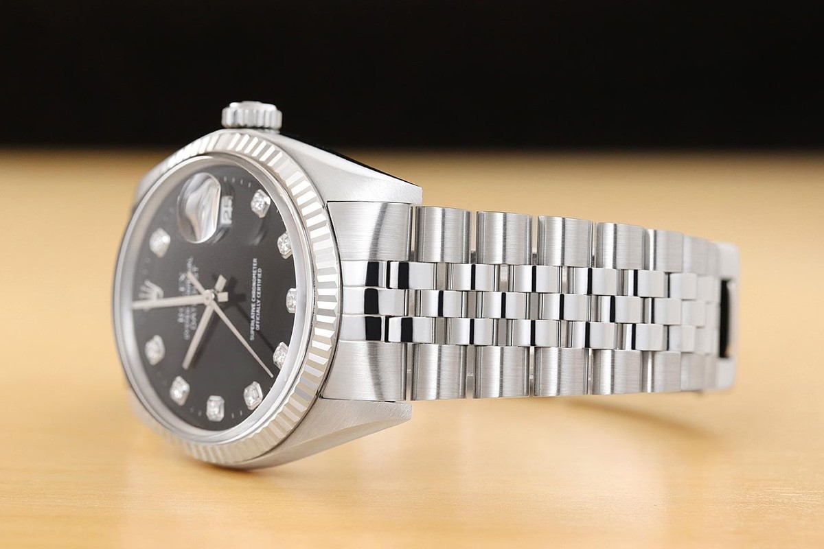 MENS ROLEX DATEJUST 16234 BLACK FACTORY DIAMOND 18K GOLD STEEL NO HOLES WATCH View 4