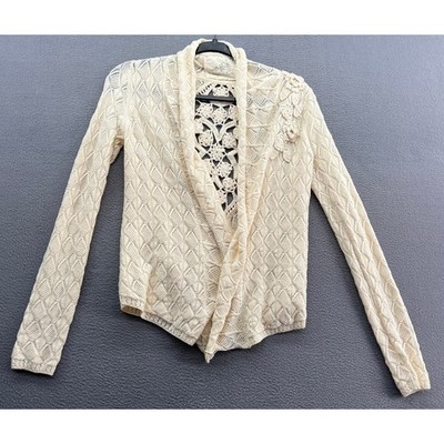 Angel of the North Sweater Sz S Cream Lace Crochet Cardigan Floral Applique