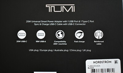 NEW TUMI 25W Universal Smart Power Adapter with 1 USB Port & 1