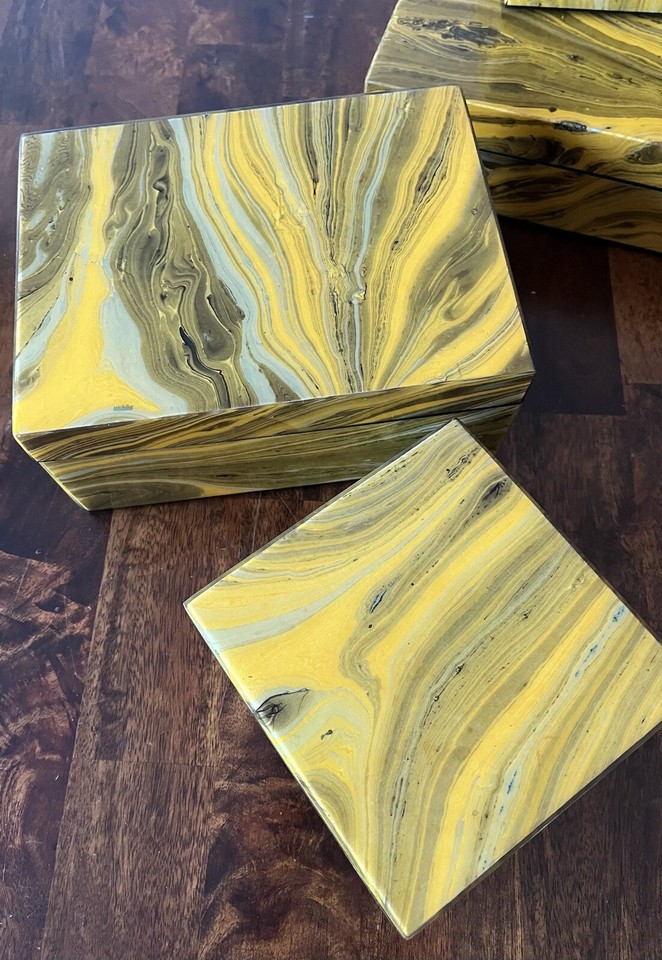 Set Of 4 Cats Eye Yellow Boxes Black Felt Lined Shiny Lacquered Finish