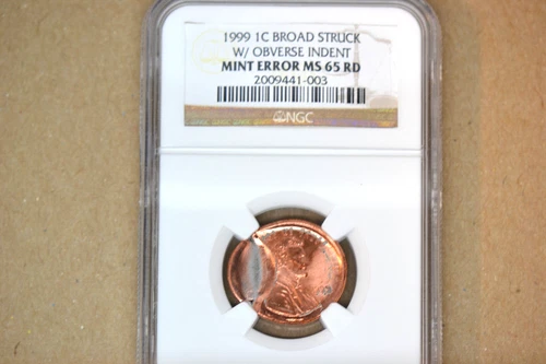 1999 Lincoln Cent- Broadstruck w/ Obverse Indent- NGC MS-65 RD.    Dramatic!!