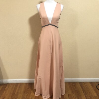 NBD Revolve Small Peach Light Pink Maxi Dress Gown Embellished Beaded Deep  Neck | eBay