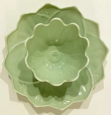 Anchor Hocking Lotus Bowl & 8" Plate Set ~ Pale Green & White ~  5 Sets Avail