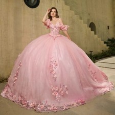 Pink Tulle Quinceanera Dresses Ball Gown Applique Off Shoulder Sweet 16 Dress