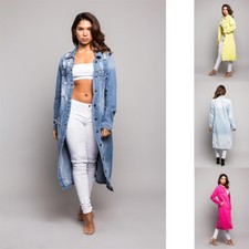 Women's Long Button Down Ripped Distressed Denim Jean Jacket Coat    RJK3205