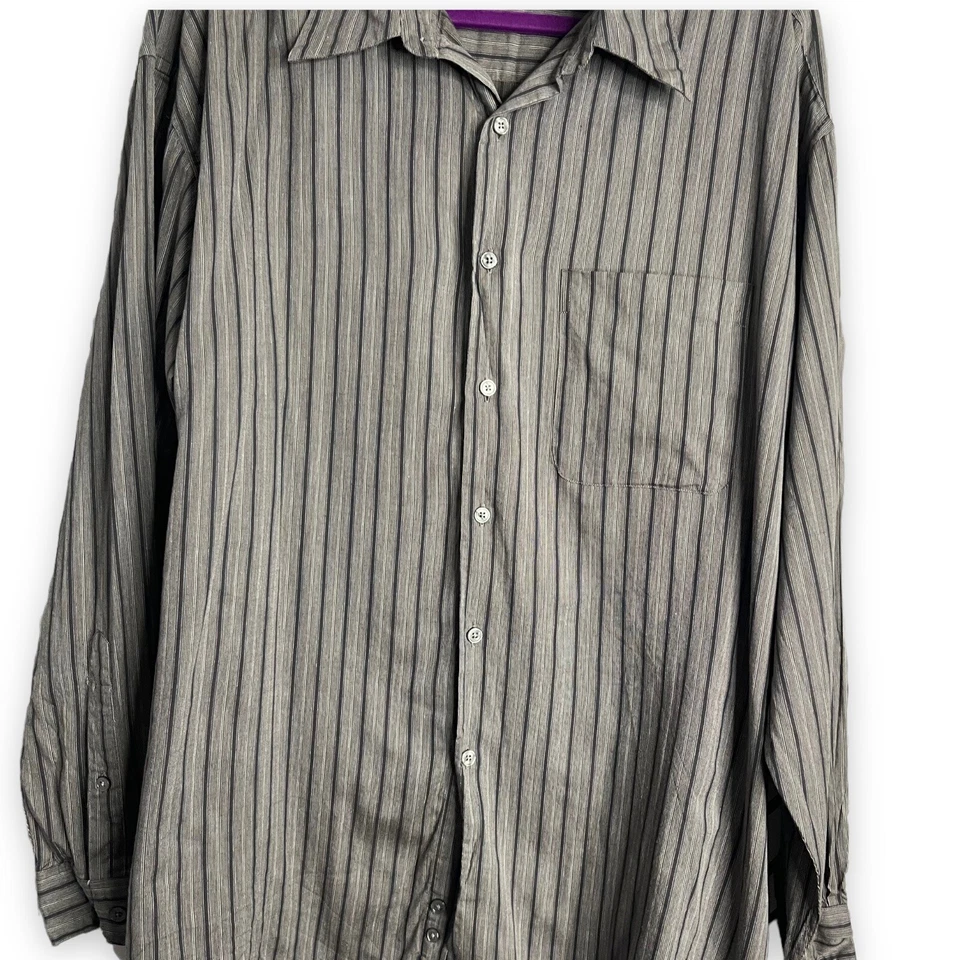 Camisa Perry Ellis Para Hombres Gris Informal Con Botones Talla XL Rayas Mezcla Lana Bolsillo Foto 3 de 4