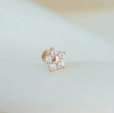 14K Solid Gold Genuine Diamond Flower Cartilage Stud Nose/Ear Pin Piercing Pin.