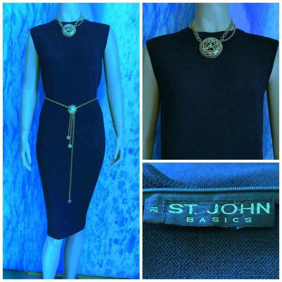 Vestido ST. JOHN Basics Santana tejido azul marino L 12 10 funda sin mangas cuello falso