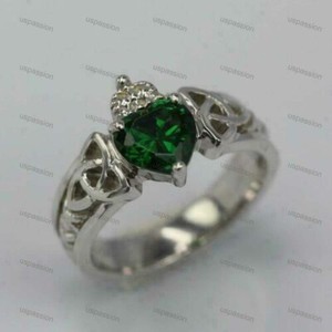 Authentic 1Ct Heart Shape Lab-Created Emerald Claddagh Wedding Ring White Gold Plated
