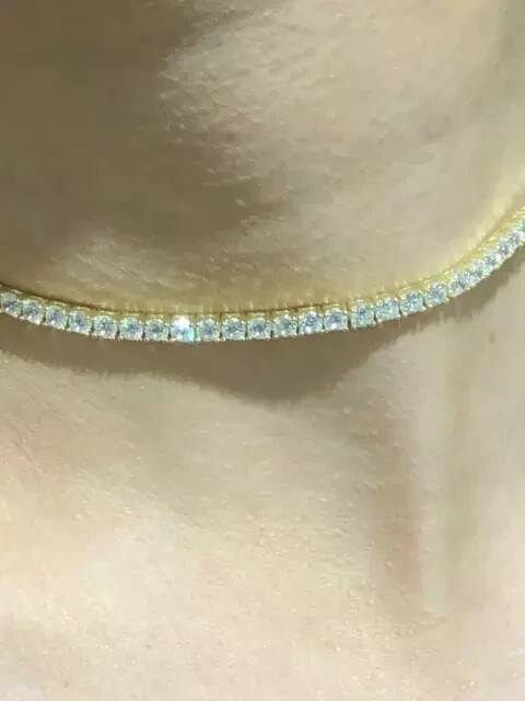14K Yellow Gold Plated Silver White Diamond 3mm Wide Tennis Choker Necklace 16in