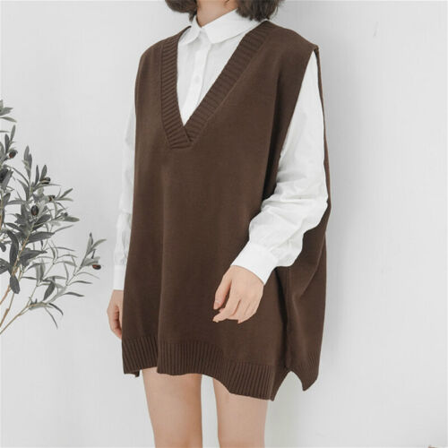 Women's V-neck Sweater Long Vest Knitted Jumper Waistcoat Tank Tops Solid Color - Picture 8 of 16