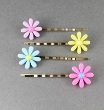 4 daisy flower Gold 4 bobby bobbi hair pins barrette set pink blue purple yellow