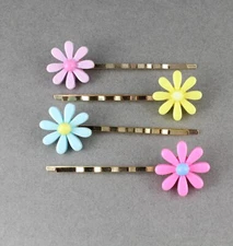 4 daisy flower Gold 4 bobby bobbi hair pins barrette set pink blue purple yellow