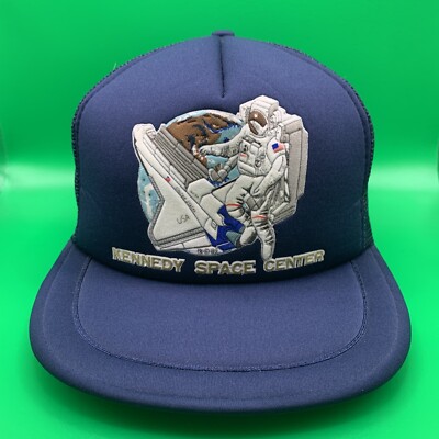 VTG 80s NASA Trucker Hat Snapback Blue Kennedy Space Astronaut Art Mesh Cap NOS