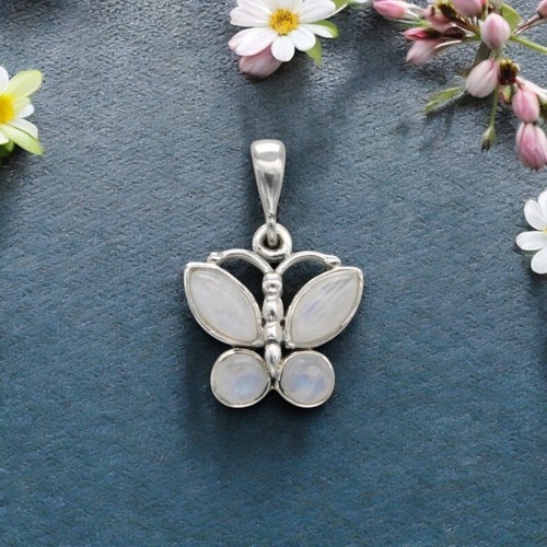 Natural Rainbow Moonstone Butterfly Designer Sterling Silver Pendant Necklace - Picture 4 of 4
