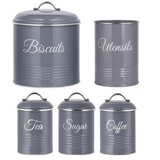 5 Piece Kitchen Canister Set Airtight Biscuit Tin, Tea, Coffee, Sugar & Utensil 