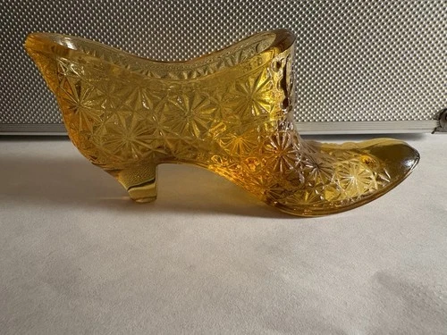 Vintage Fenton Daisy & Button Pattern, Amber Glass Heeled Shoe 6 Inches Long