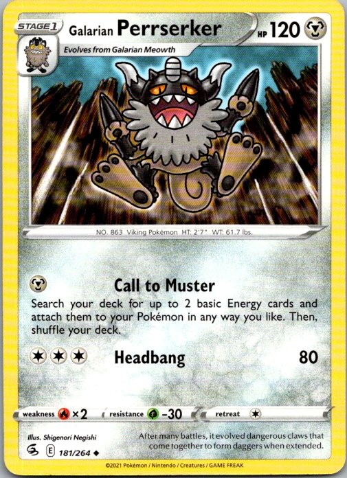 Galarian Perrserker 181/264 Uncommon Fusion Strike Pokemon Near Mint