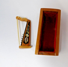 Vintage Miniature Harp Mother Of Pearl Inlay Wooden Box Handmade Music
