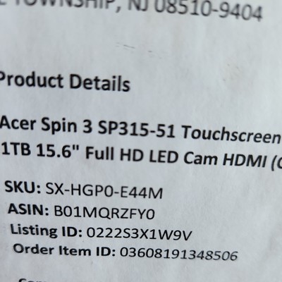 Acer Spin 3 Sp315-51 Touchscreen 2-1 Convertible Laptop Intel Core i7 