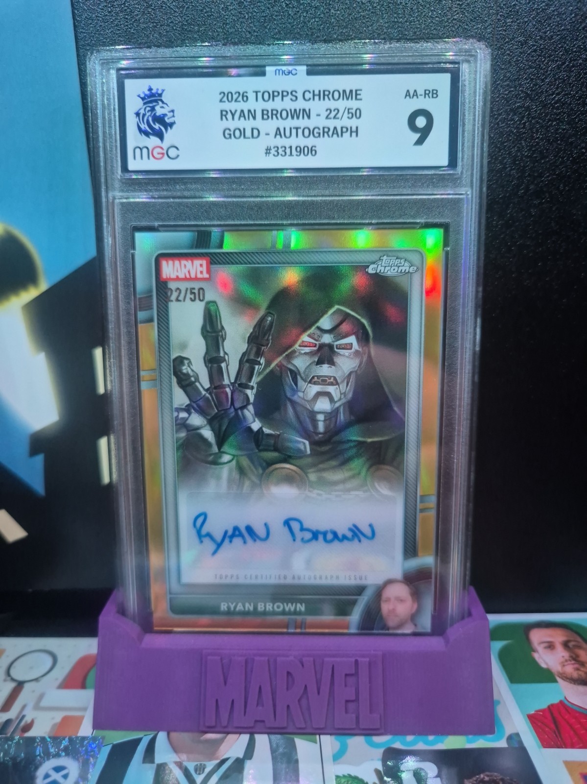 2026 Topps Chrome Marvel Dr Doom Ryan Brown Artist Auto GOLD Refractor /50 Mgc 9