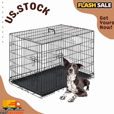 Large Dog Crate 42" Folding Metal Wire Cage w/Divider & Leak-Proof Tray, Black