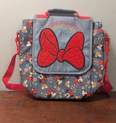 Disney Minnie Mouse Insulated School Lunch Bag Blue Denim Rainbow Red Bow, Strap