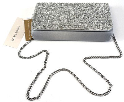 ANNA FIELD Damen Clutch Silber Umhängetasche Abendtasche mit silberner Kette NEU