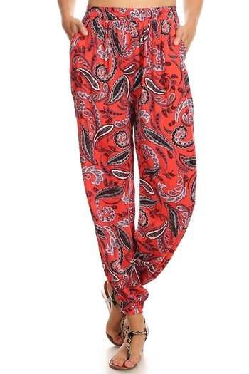 Clothing - Pants - Harem-Style Jogger Pants - Red Paisley Print