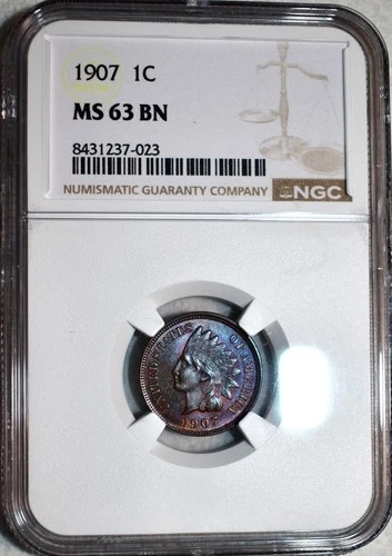 NGC MS-63 BN 1907 Indian Head Cent, Beautifully Toned, PQ specimen.