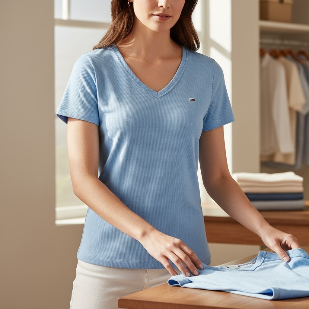 Tommy Jeans Women's Slim V-Neck T-Shirt in Pale Blue, Size L image 3