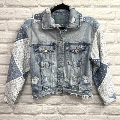 BlankNYC Anthropology Ladies Distressed Denim Blue Jean Jacket Size XS Patchwork