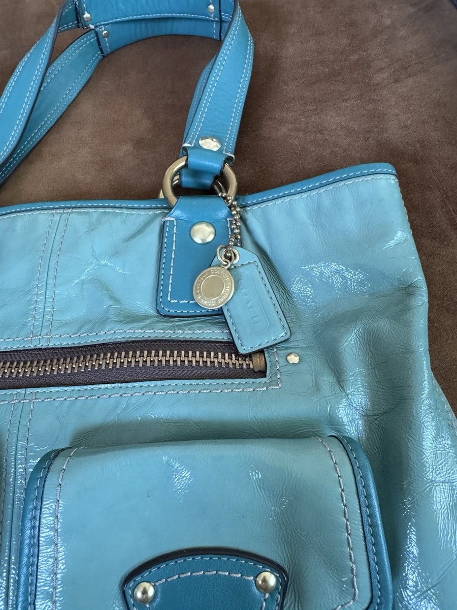 Coach Vintage Teal Patent Leather Legacy Tote Bag With Brass