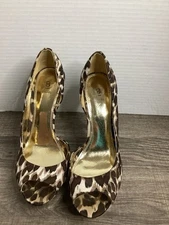 B Bakers Leopard Textile Gold Peep Toe Stilettos “Jess” Sz 7.5 M