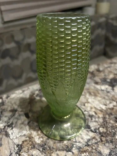 Pretty Ice Green Northwood Carnival Glass Corn Vase W Stalk Base Signed