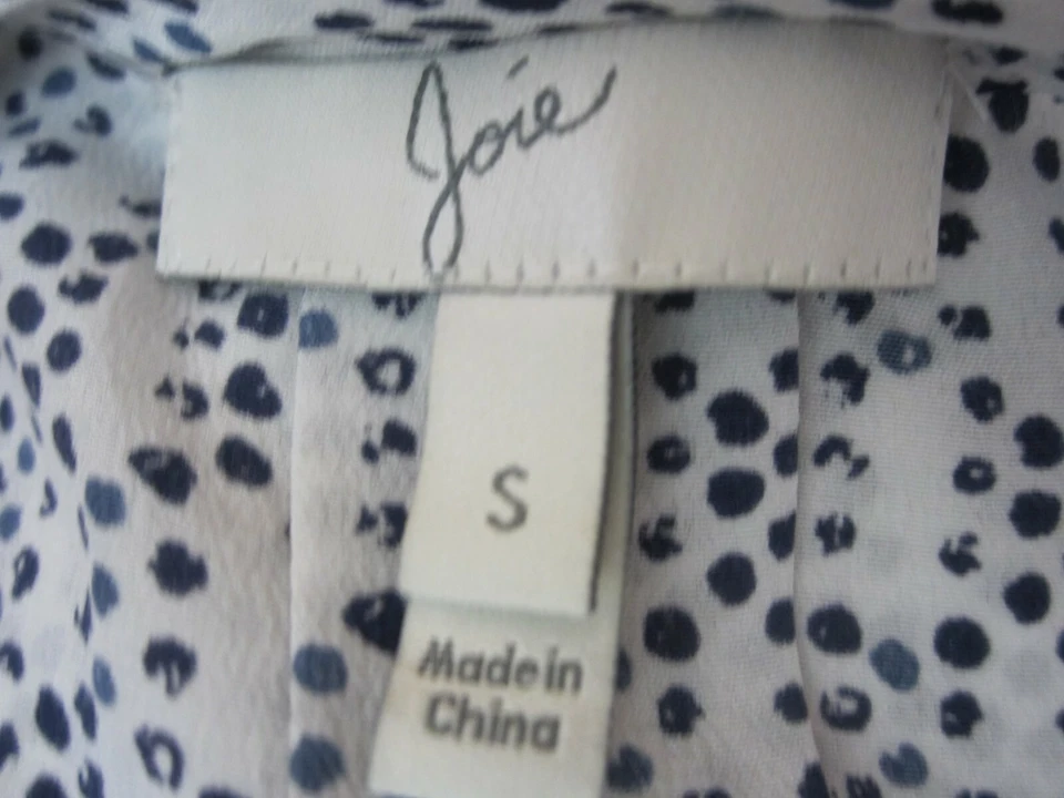 Blusa Top Joie Mujer Pequeña Blanca Azul Marino 100% Seda LS Campesina Boho Lunares Foto 2 de 4