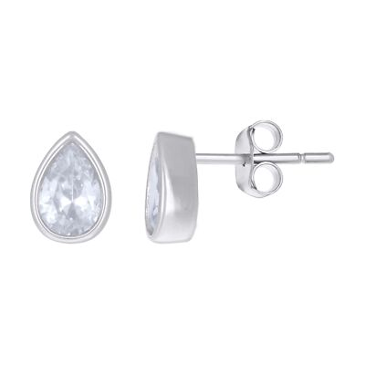 925 Sterling Silver Bezel Set Pear Solitaire CZ Women's Teardrop Stud Earrings
