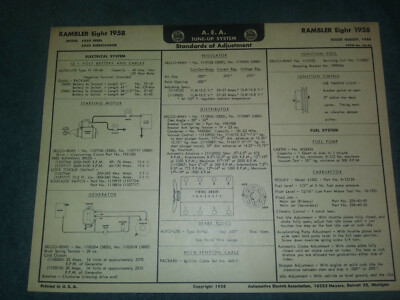 1958 RAMBLER V-8 MODELS A.E.A TUNE-UP CHART / USEFUL VINTAGE ITEM!