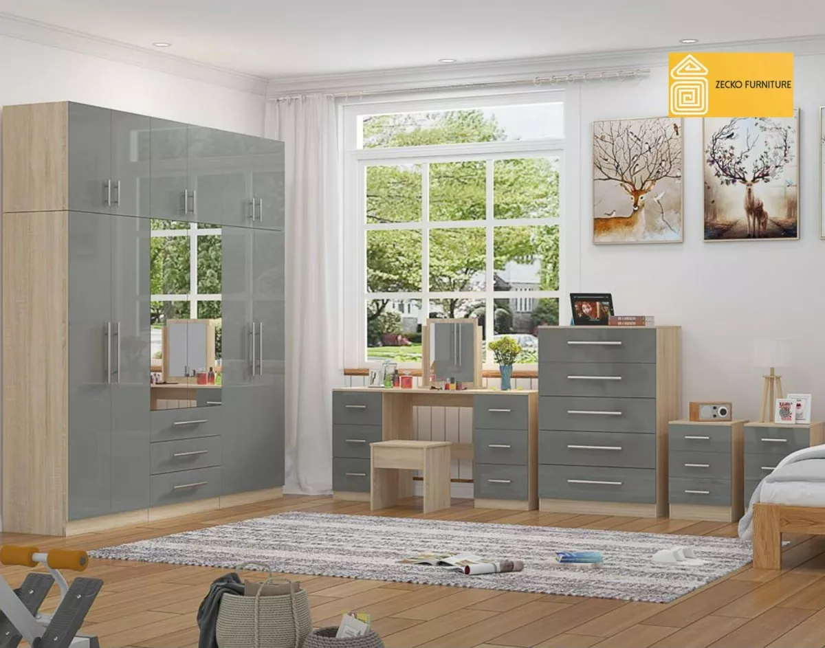 6 DOOR TOPBOX HIGH GLOSS GREY FULL BEDROOM SET Wardrobe Chest Dresser Bedside
