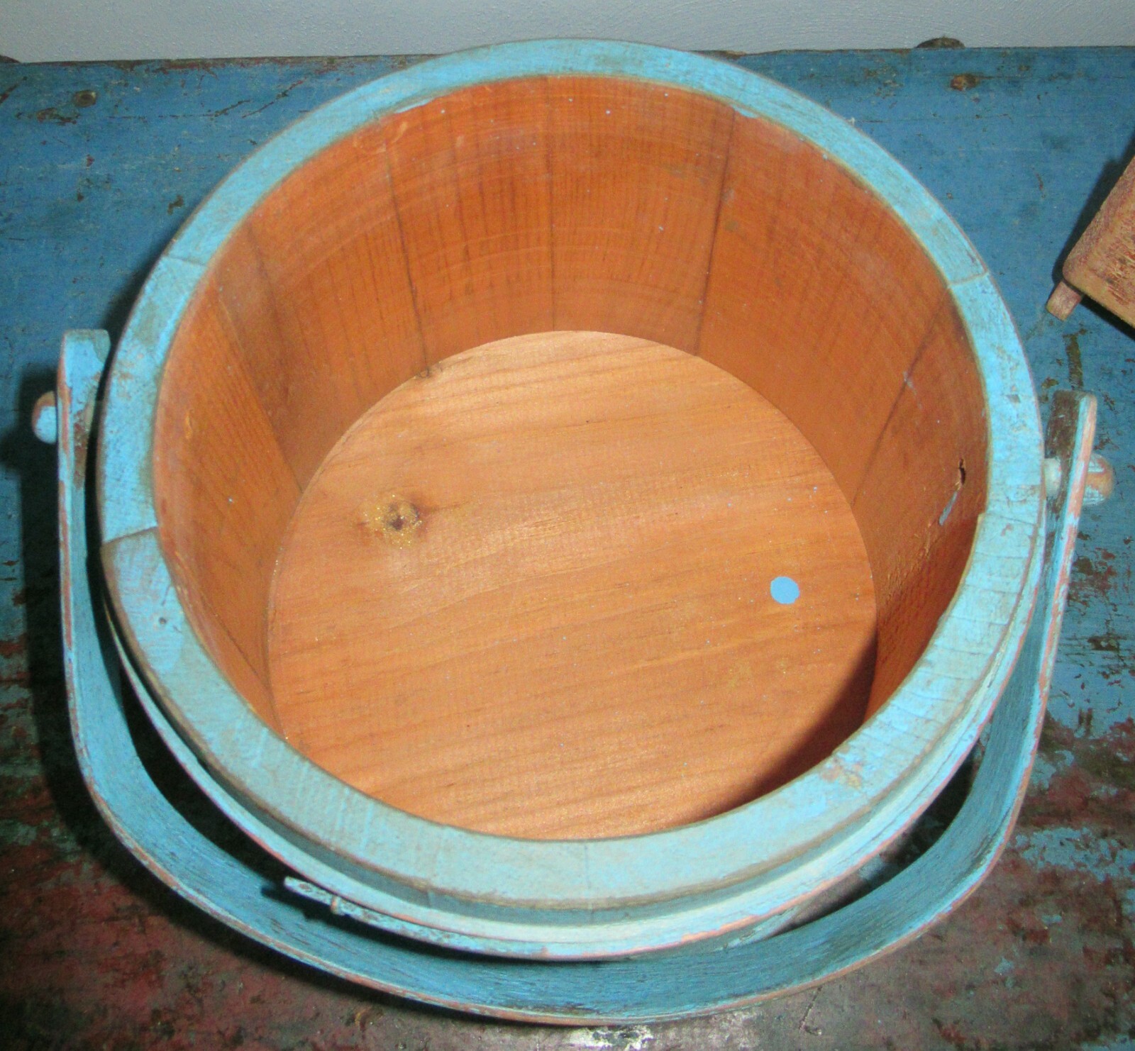 7 3/8" Old Firkin/Sugar Bucket/Wooden Blue PaintPantry BoxSpice Box