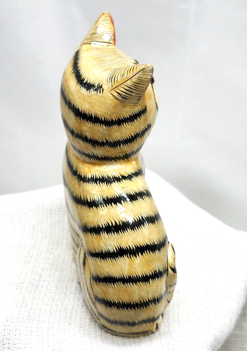 Vintage 4'' Yellow Hand Painted Cat Decoupage Paper Mache Folk Art Kitten - Picture 7 of 8