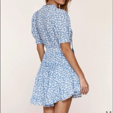 Heartloom Mariel Blue White Floral Mini Dress Ruffled Skirt Tassels MEDIUM