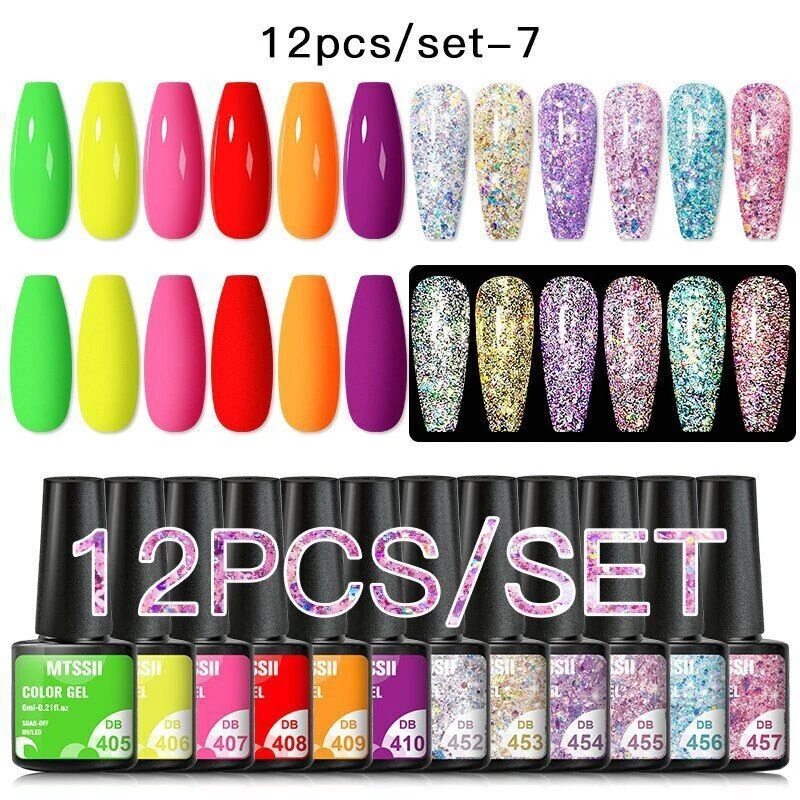 10/12pcs/set Glitter Nail Gel Polish Set Hybrid Varnishes Base Matte Top Coat
Opens in a new window