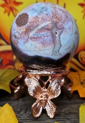 Druzy rote mexikanische Achat Kugel Kristall 58mm 248g & Roségold Schmetterling Ständer