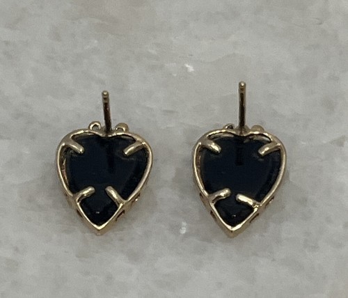14k Yellow Gold Black Onyx Heart Diamond Accent Earrings - Picture 5 of 10
